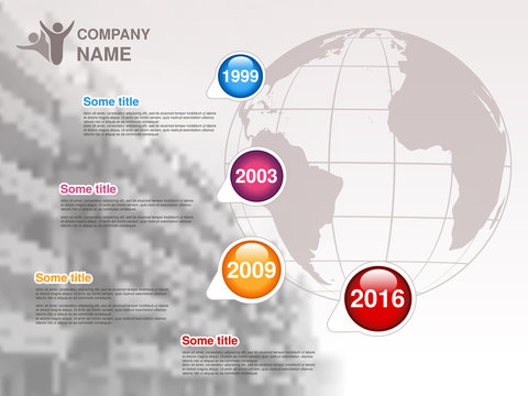 Vector timeline. Infographic template for company. Timeline with colorful milestones - blue, magenta, orange, red. Graphic design with globe and background of business building