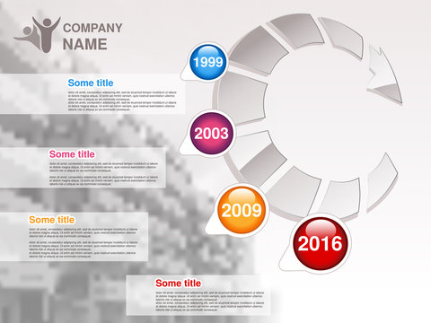 Vector timeline. Infographic template for company. Timeline with colorful milestones - blue, magenta, orange, red. Graphic design with arrow and background of business building