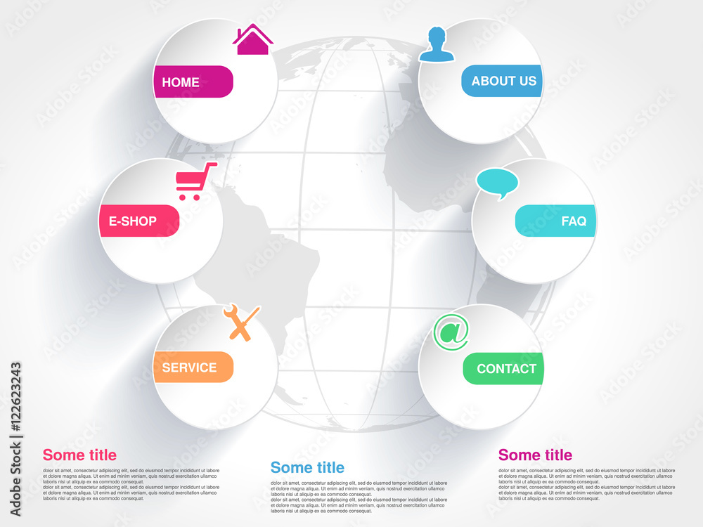 Poster vector template with globe for web use. menu button with symbol of home, e-shop, service, about us, 