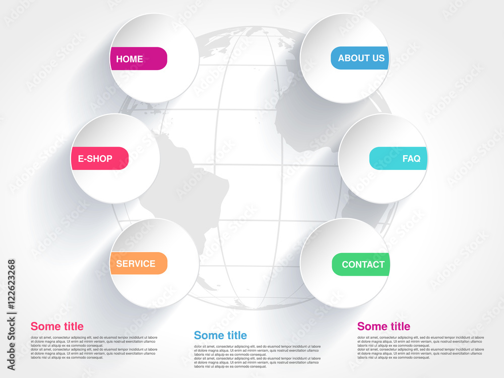 Poster vector template with globe for web use. menu button with symbol of home, e-shop, service, about us, 