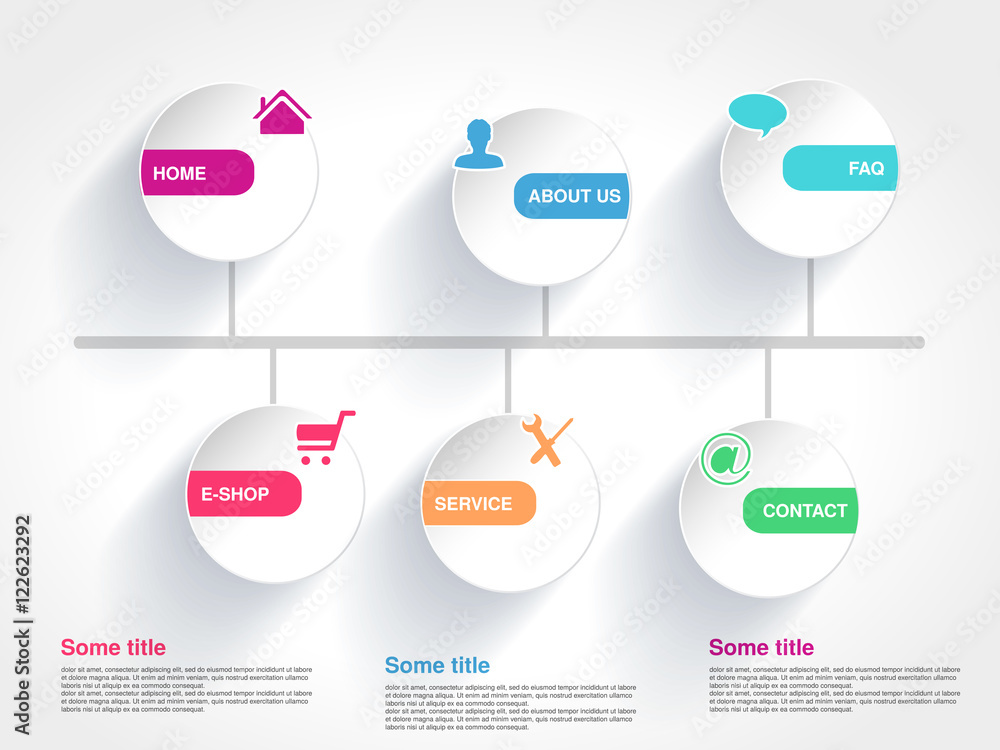 Poster vector template with globe for web use. menu button with symbol of home, e-shop, service, about us, 