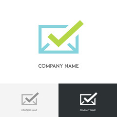 
Mail logo - simple blue envelope with green check mark on the white background