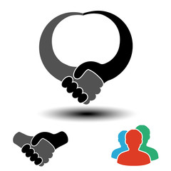 Vector community symbol with handshake symbol.  Simple silhouettes of men with handshake gesture. Profile circular labels. Sign of members or users. The label for the best partnership.