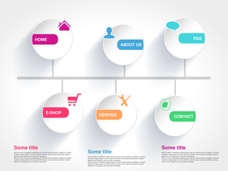 Vector template with globe for web use. Menu button with symbol of Home, E-shop, Service, About us, FAQ, Contact. Paper circular label. Navigation options. 6 steps on the website.