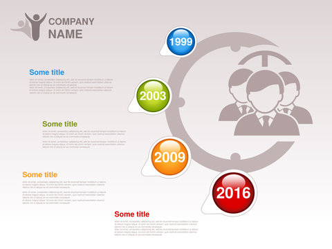 Vector timeline. Infographic template. Timeline with colorful milestones - blue, green, orange, red. Pointer of individual years. Design with clock and silhouettes businessmen,  