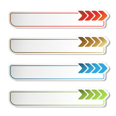 Vector arrow buttons. Golden, green, blue and red arrows on the white simple stickers, rectangle with rounded corners.