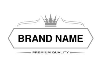 Vector line label. Rectangle frame for Brand name with symbol of crown. Monochrome design.