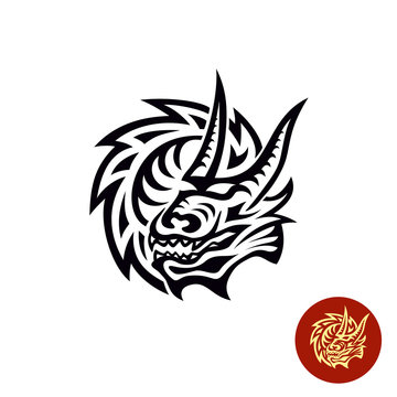 Dragon tattoo style black logo. Head and rounded neck of dragon.