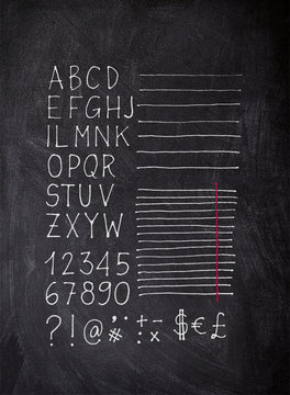 2d chalk freehand letters, numbers, lines and symbols on blackboard