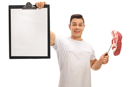 Butcher holding clipboard and fork with a steak