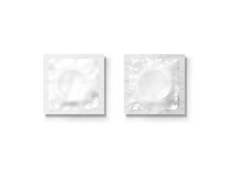 Blank white condom packet mockup set, isolated, clipping path, 3d illustration. Sexual protection rubber packaging design mock up, front, back side. Condoms sachet pack template. Sex protection brand.
