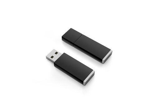 Blank black usb drive design mock up, 3d rendering, clipping path. Clear plastic flash disk template opened and closed. Plain memory device mockup. Clean pen drive branding presentation. Micro card.