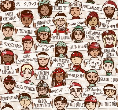 Seamless pattern of a group of hand drawn people holding "Merry Christmas" signs in different languages