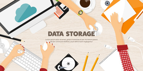 Vector illustration. Workplace, table with documents, computer. Flat cloud computing background. Media, data server. Web storage.CD. Paper blank. Digital technologies. Internet connection.