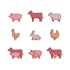Farm animal outline icon set. Pig, cow, lamb, chicken, turkey, rabbit. Icon for butcher shop. Vector illustration.