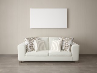Mock up poster with a compact sofa against the background of contemporary wallpaper.