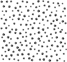 Pet paws black on white seamless pattern background.