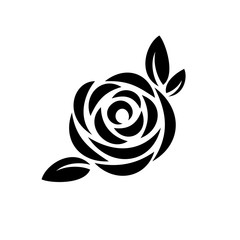 Rose flower with leaves black silhouette logo. - obrazy, fototapety, plakaty