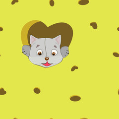Cartoon grey cat in the heart on cheese background.