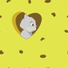 Cartoon grey cat in the heart on cheese background.