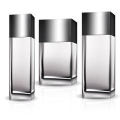 VECTOR PACKAGING: SET rectangular bottle perfume/beauty products/cosmetics with silvery cap on isolated white background. Mock-up template ready for design