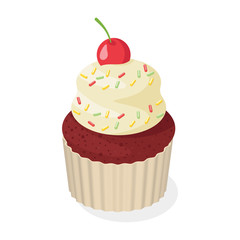 Isometric style 3d vector illustration of cupcake with cherry.