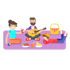 Vector flat style illustration of happy family picnic in the park