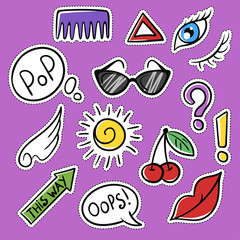 Vector set of fashionable patches: eye, cherry, sun, glasses.
