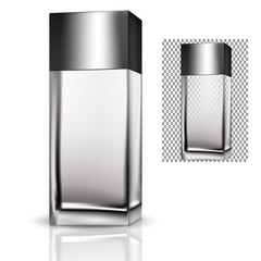 VECTOR PACKAGING: Rectangular bottle perfume/beauty products/cosmetics with silvery cap on isolated white background. Mock-up template ready for design