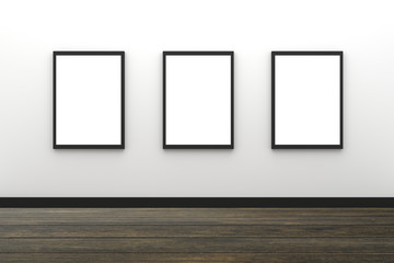 3D Rendering : illustration of three blank black photo frame hanging on white wall interior with wooden floor,clipping path inside frame included,for your image advertising