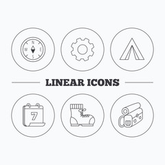 Backpack, camping tend and hiking boots icons.