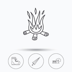Obraz premium Bonfire, umbrella and hiking boots icons.