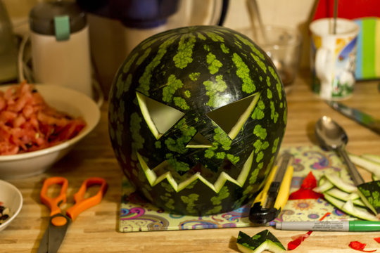 Jack'O Lantern made from watermelon for Halloween, working place