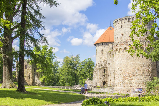 background landscape Cesu ancient castle in Cesis in Latvia