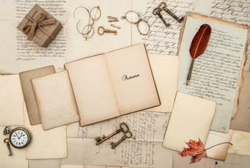 Antique accessories old letters gift box watch keys Autumn backg