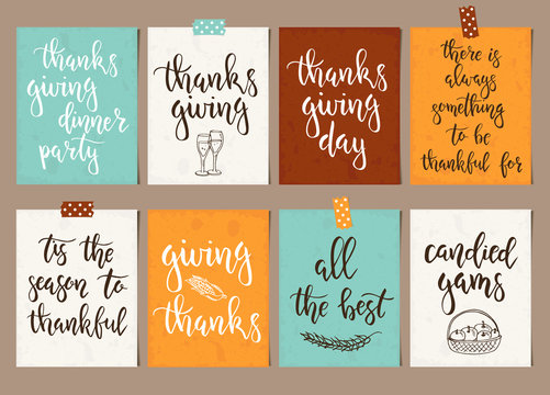 Thanksgiving day vintage gift tags and cards with calligraphy. Handwritten lettering.