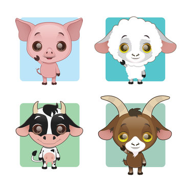 Cute animals collection - pig, sheep, cow, goat