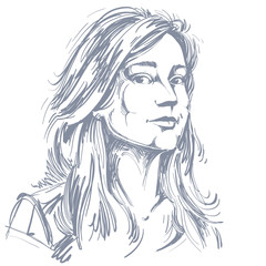 Vector art drawing, portrait of gorgeous dreamy girl isolated on