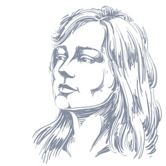 Vector portrait of attractive pensive woman thinking about somet