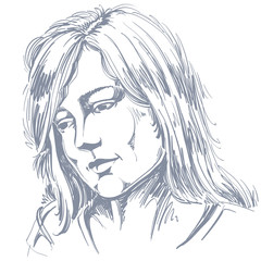Hand-drawn portrait of white-skin sorrowful woman, sad face emot