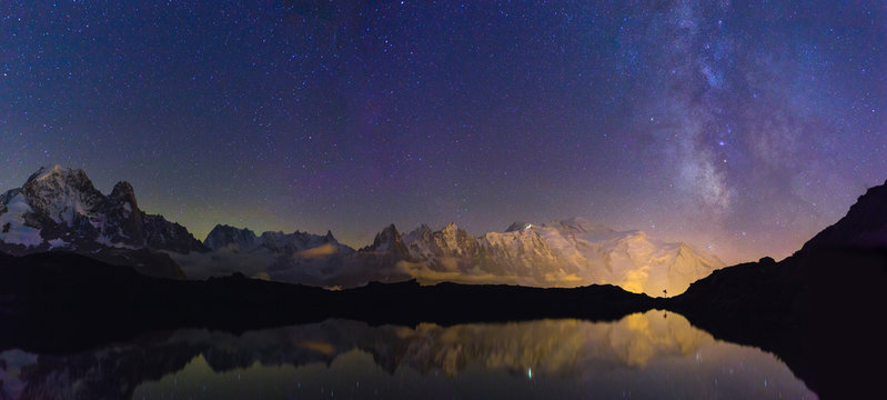 Mont Blanc mountainrange and the milkyway seen from Lac De Chéserys, Chamonix, France.