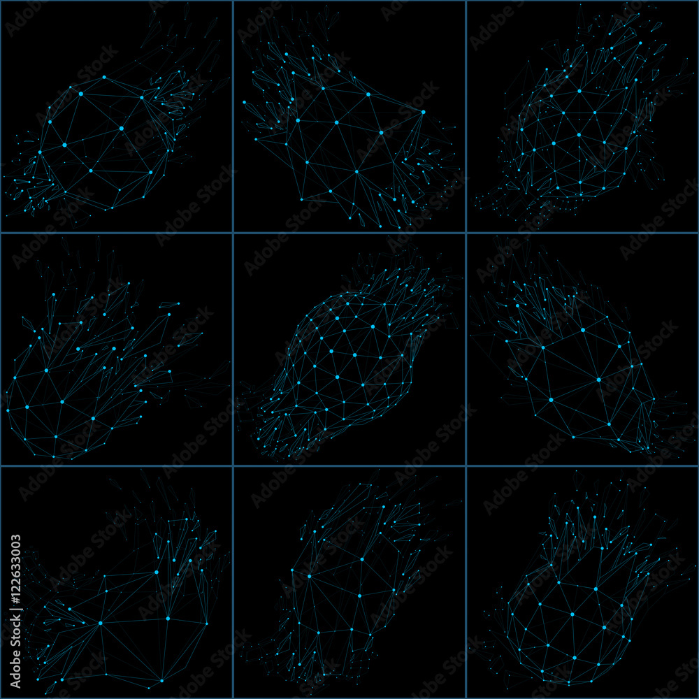 Poster set of 3d vector low poly objects with blue connected lines and
