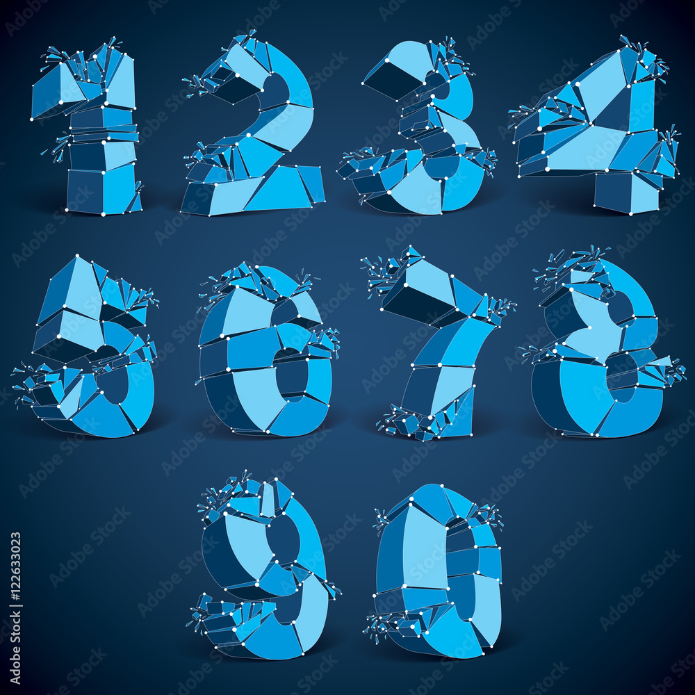 Poster set of 3d vector low poly blue numbers with white connected line
