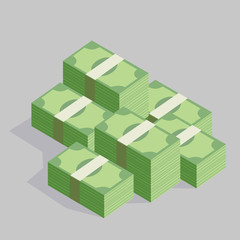 Money stacked, piles of green banknotes