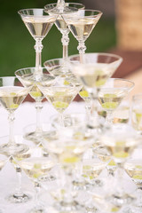 champagne pyramid on wedding party
