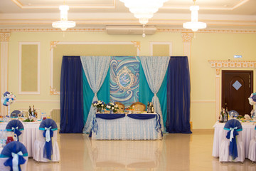 blue wedding decor at restaurant