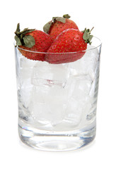 Glass jars with ice and strawberries on a white background