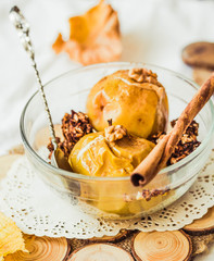 baked apples with cinnamon and walnuts, autumn dessert