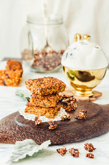 Pumpkin granola bars with peanut butter and seeds,selective focu