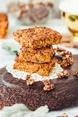 Pumpkin granola bars with peanut butter and seeds,close up